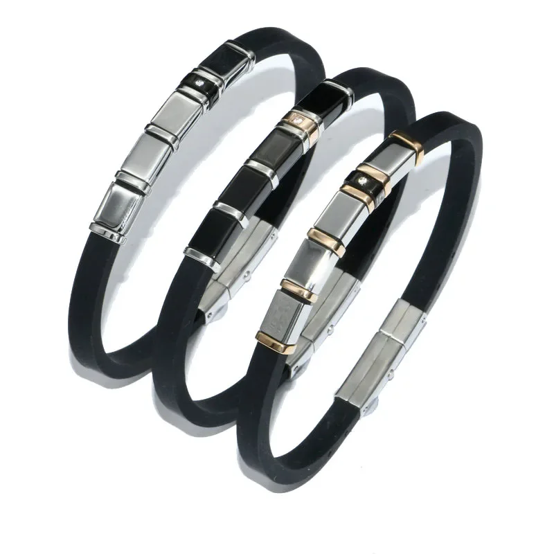 Fashion Men's Black Rubber Bracelets 6mm Wide Adjustable Bangles Stainless Steel Zircon CZ Setting Business Gift Jewelry