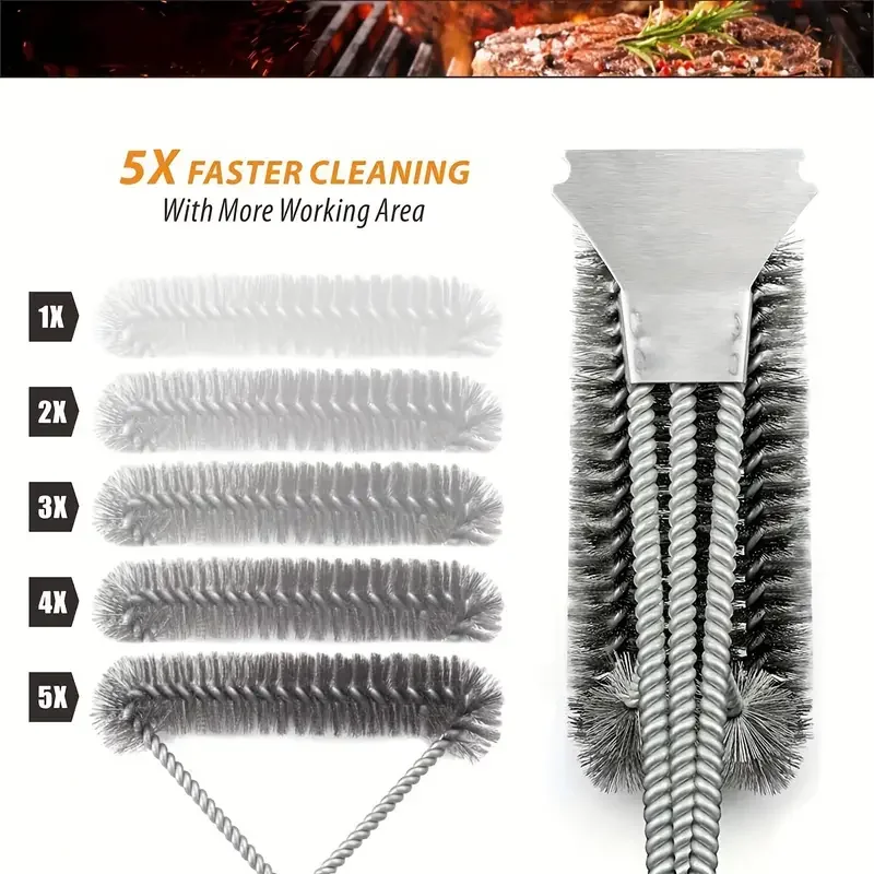 Heavy metal barbecue cleaning brush 1 piece with triple bristles barbecue grill cleaning brush outdoor cooking accessories