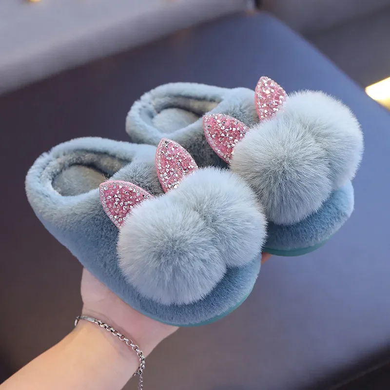 Baby Girls Cotton Slippers 2022 New Winter Children's Shiny Sequins Fur Slippers Boys Home Indoor Shoes Anti-slip Kids Slippers 4