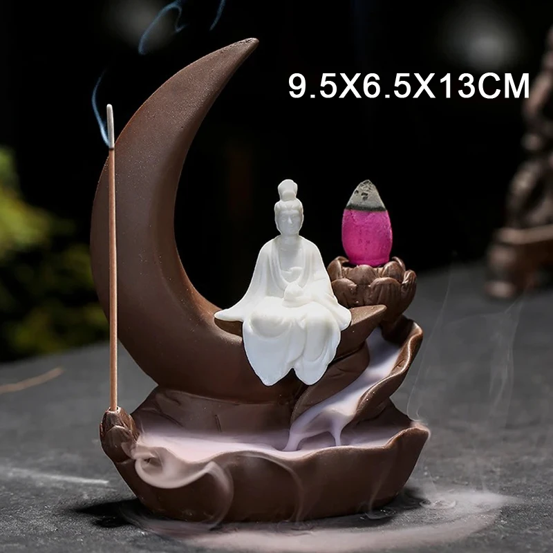 Ceramic Zisha-Incense Burner Ornament, Lotus Moon Shape Backflow Sandalwood censer, Household Indoor Living Room Decoration, 1Pc