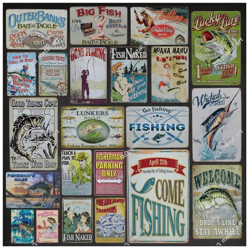 

Go Fishing Shabby Tin Sign Vintage Bar Pub Up Metal Plate Poster Wall Decor Signs Iron Painting Retro Stickers Plaques 20x30cm