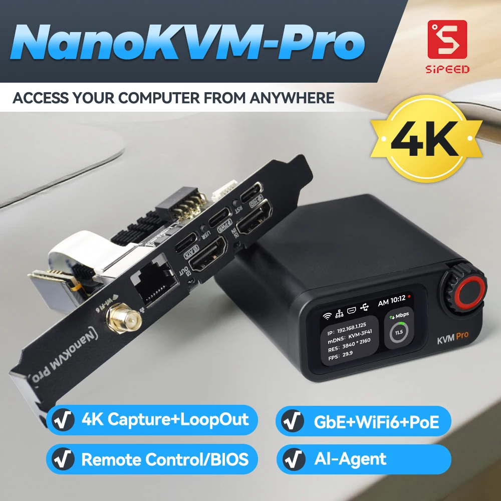 Remote Control Device Sipeed NanoKVM-Pro PiKVM 4K IP-KVM GbE WiFi6 PoE Remote Control HomeLab Server NAS AI Agent HDMI second screen led strip