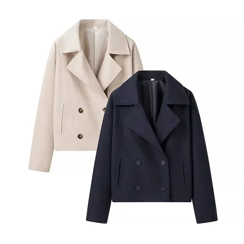 Loose Woolen Blends Coat Women Solid Lapel Double Breasted Pockets Jackets Autumn Winter Fashion Lady Office Outwear New