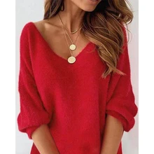  2023 Elegant Women Plain V-Neck Fluffy Casual V Neck Long Sleeve Dress Femme Mini Dress Solid Color Robe Outfits Spring Clothing 