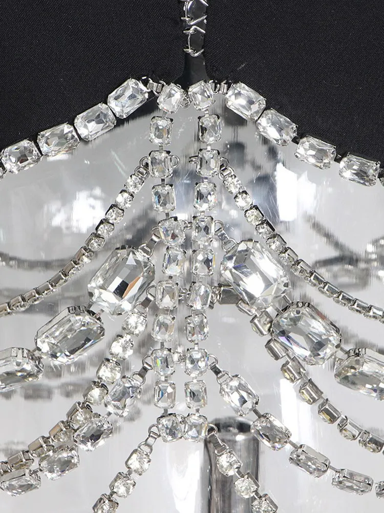 KBQ Elegant Spliced Diamonds Blazer For Women Notched Collar Long Sleeve Solid Slimming Luxury Crop Blazers Female Fashion New