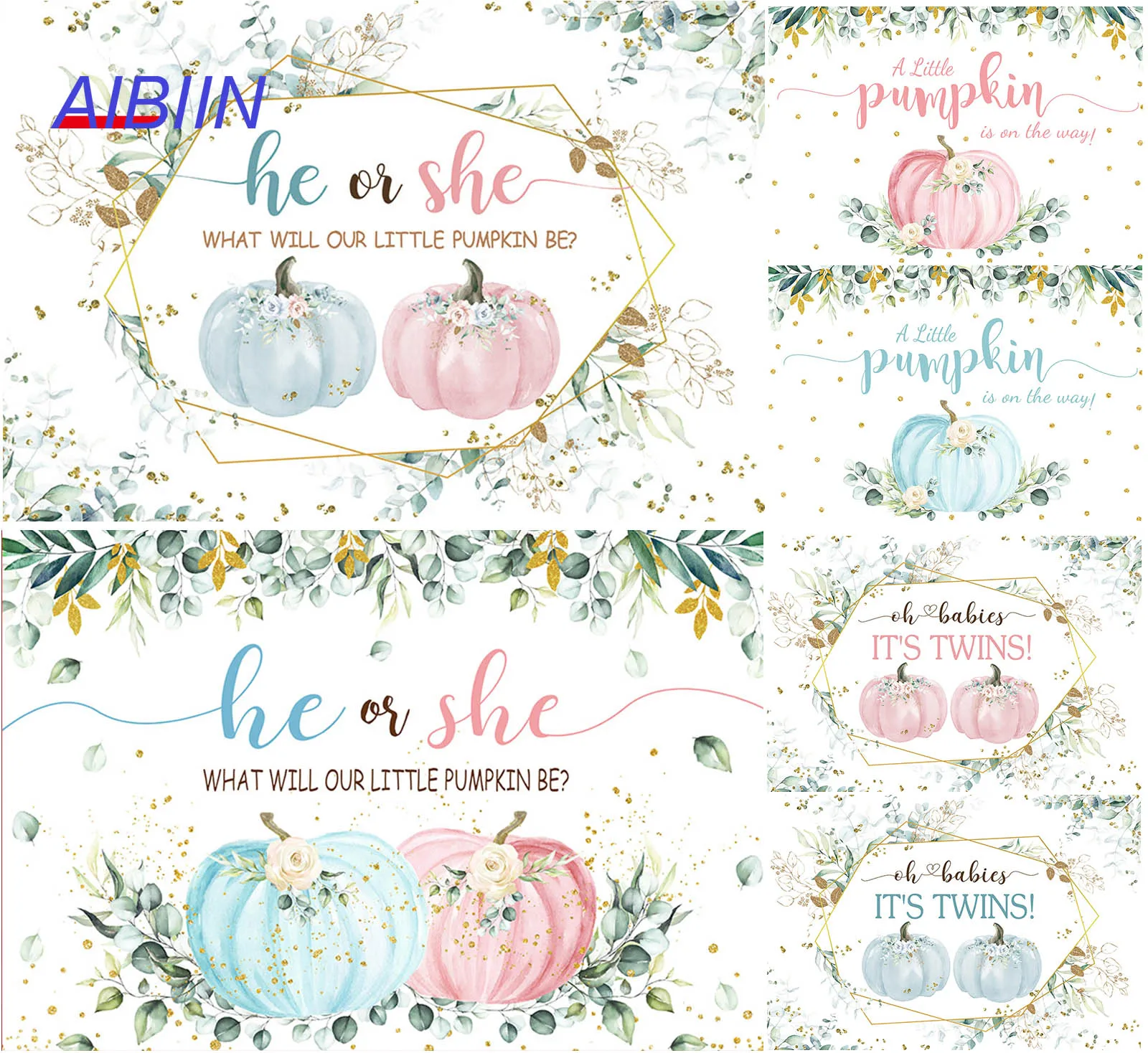 

Fall Autumn Pumpkin Gender Reveal Backdrop He or She Green Eucalyptus Leaves Photography Background Newborn Baby Party Decor