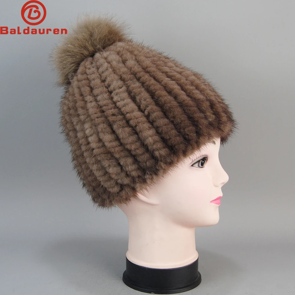 

New Women Winter Knitted Real Mink Fur Hat Natural Warm Mink Fur Caps With Fox Fur Pompoms Lady 100% Genuine Mink Fur Bomber Hat