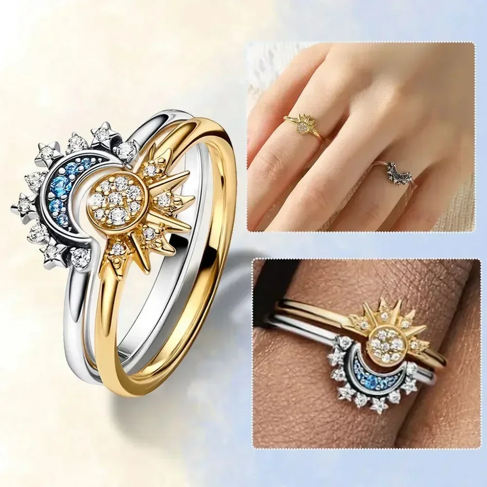 2pcs/set Womens Ring Fashion Female Sun Moon Star Simple Two-piece Set