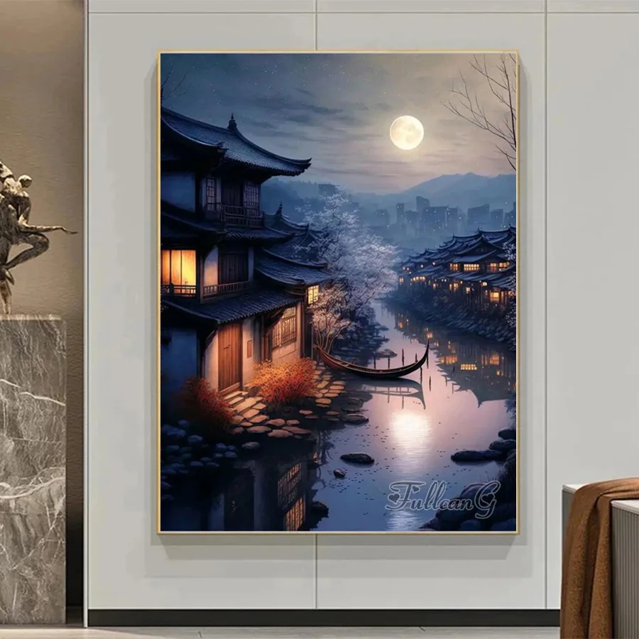 Diy Mosaic Art Japanese Cherry Blossoms Diamond Painting Waterfall Temple Landscape Full Rhinestone Embroidery Picture AA4518