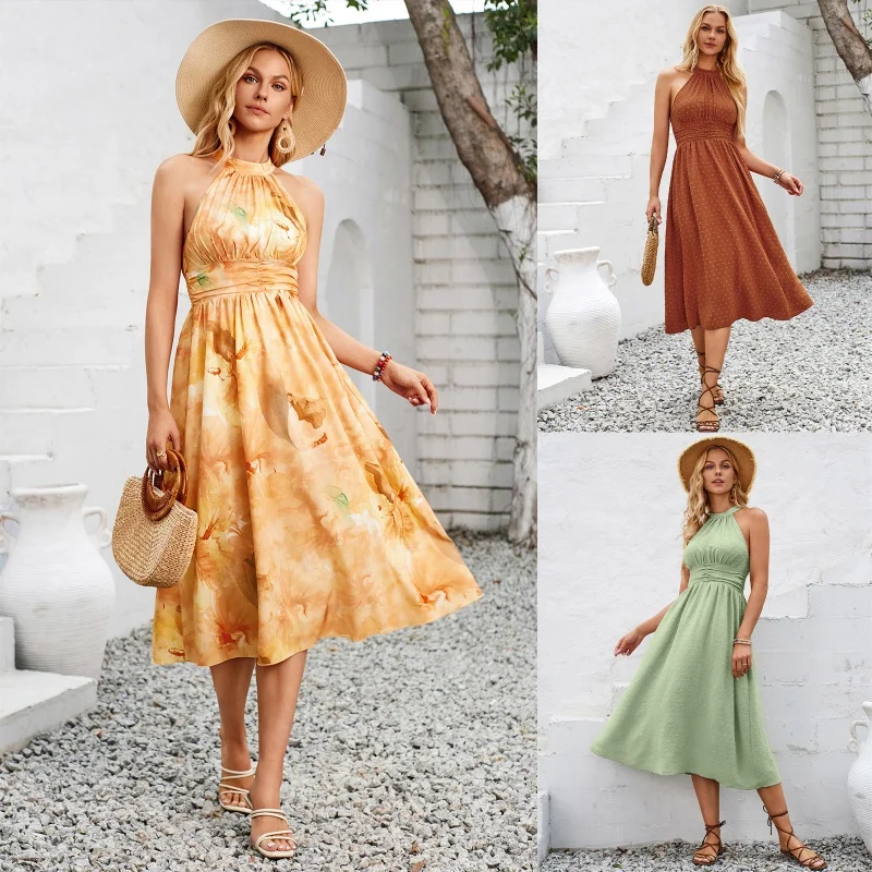 SHAN-Summer Casual Stylish Independent Station New24Women's Clothing Printed Waist-Controlled Halter Dress