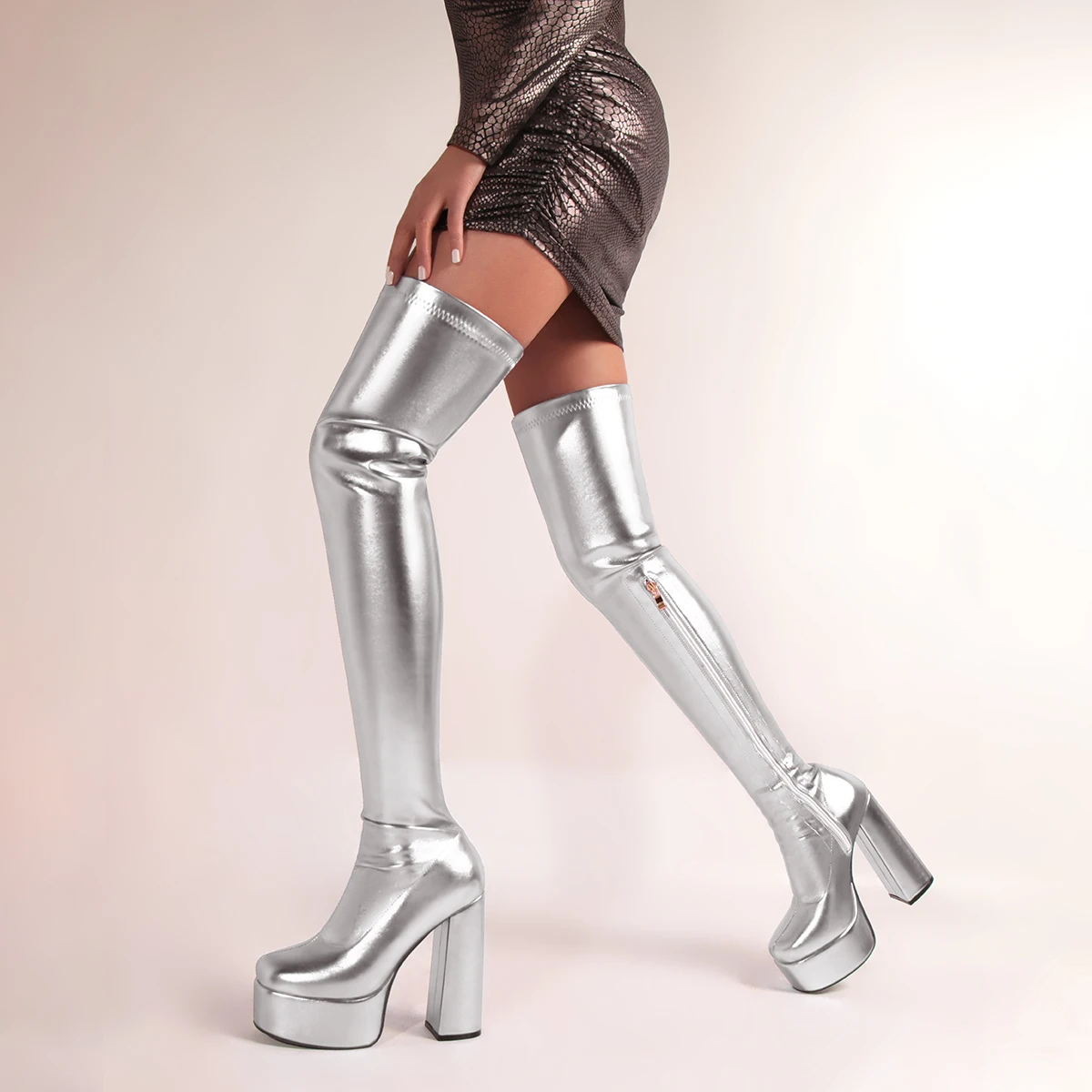 Platform Over The Knee Boots Women 2024 Fashion Pink Silver High Heels Women's Slim Stretch Thigh High Boots