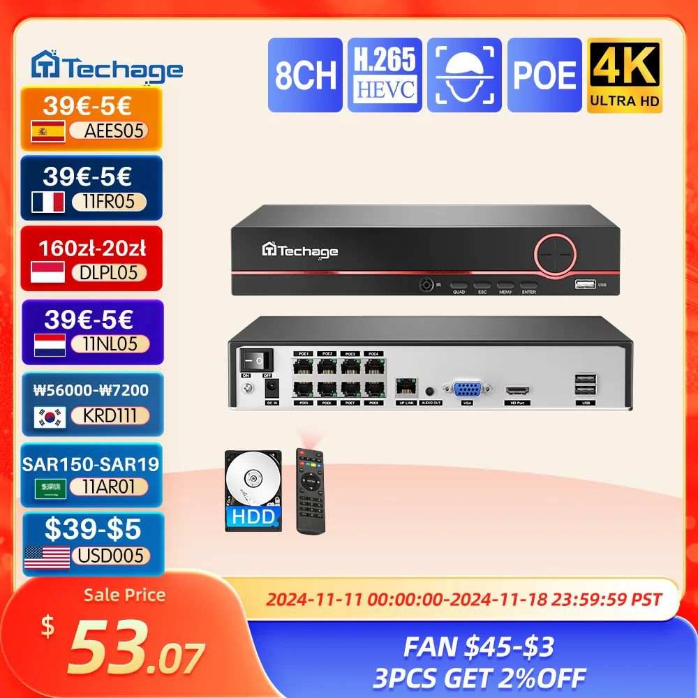 Techage H.265 8CH 4K 2K POE NVR видеорегистратор для видеонаблюдения до 16 каналов для системы видеонаблюдения POE IP-камера-рек network video recorder
