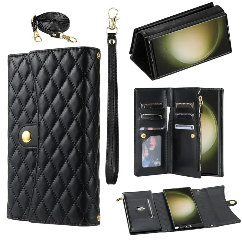 Crossbody Leather Zip Wallet Phone Case with Wrist Strap and Flip Cover