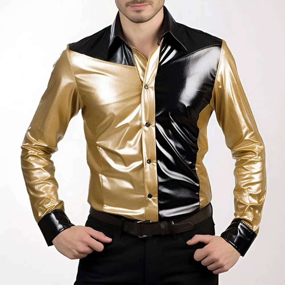 

Casual Men Shirt Men Slim Fit Shirt Men's Slim Fit Lapel Club Shirt with Smooth Glossy Color Matching Single-breasted Long