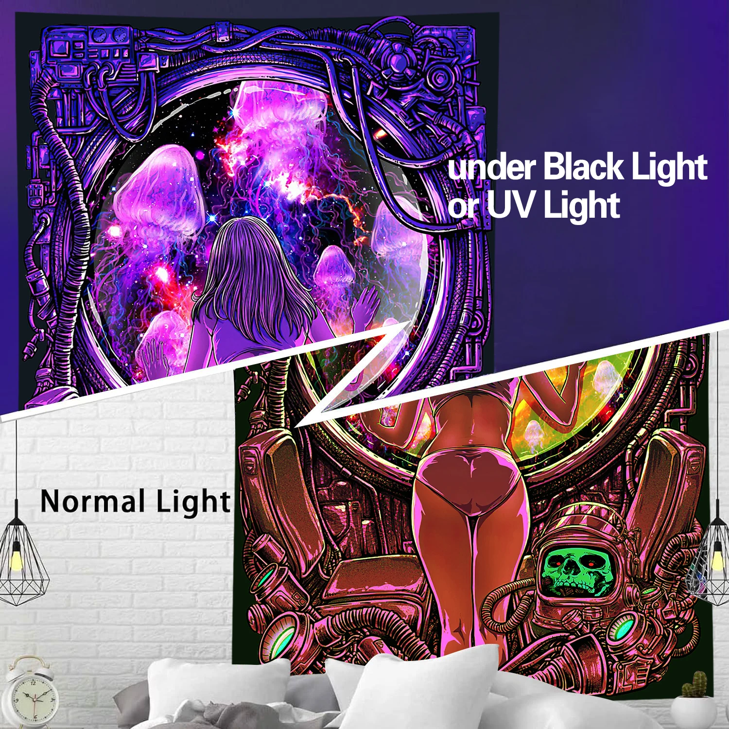 Tapestry Decor Canvas Girl Looking At Jellyfish UV Reactive Galaxy Space Tapestries For Wall Hanging