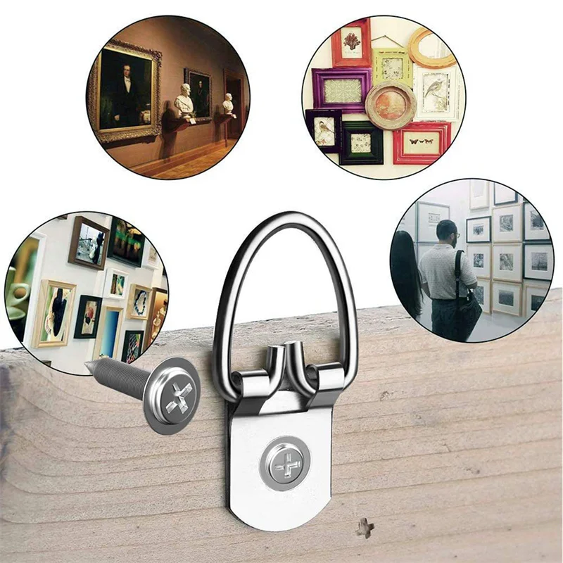 Description Picture 4 of item100Pcs Triangle Silver D-Ring Hanging Oil Painting Mirror Picture Frame Hanger Art Work Photo Wall Hook Accessories With Screw