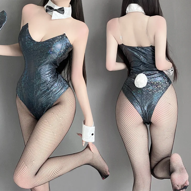 Sexy Bunny Girl Costume - Faux Leather Bodysuit with Tie Headband Set