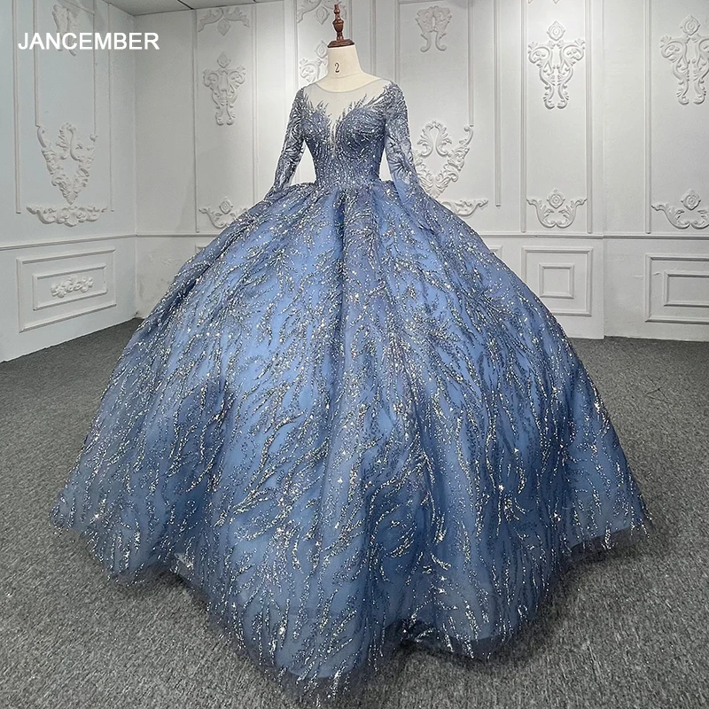 

Элегантное синее блестящее платье jancдекабря для Quinceanera с длинными рукавами как напольное бальное платье с блестками Vestidos De Fiesta