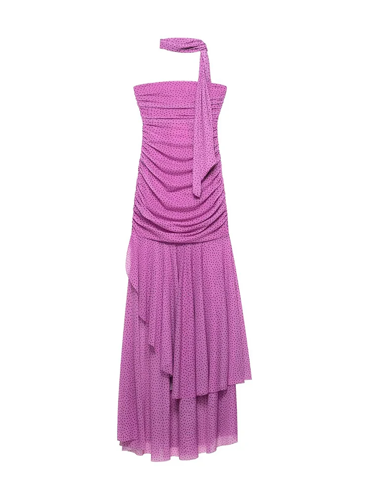 TFMLN 2025 New Women Polka Dot Scarf Collar Dress Chic Backless Asymmetrical Hem Long Dresses Lady Elegant Fashion Party Robe