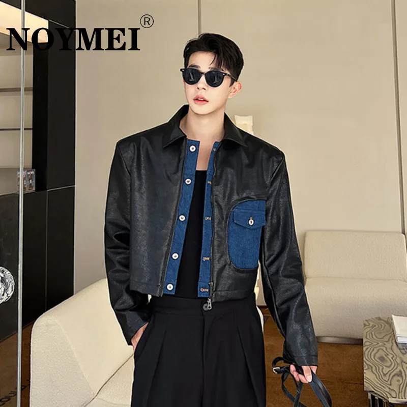 

NOYMEI Heavy Washed Denim Patchwork PU Leather Jacket Lapel Patchwork Short Coat Autumn New 2024 Temperament Niche WA2978