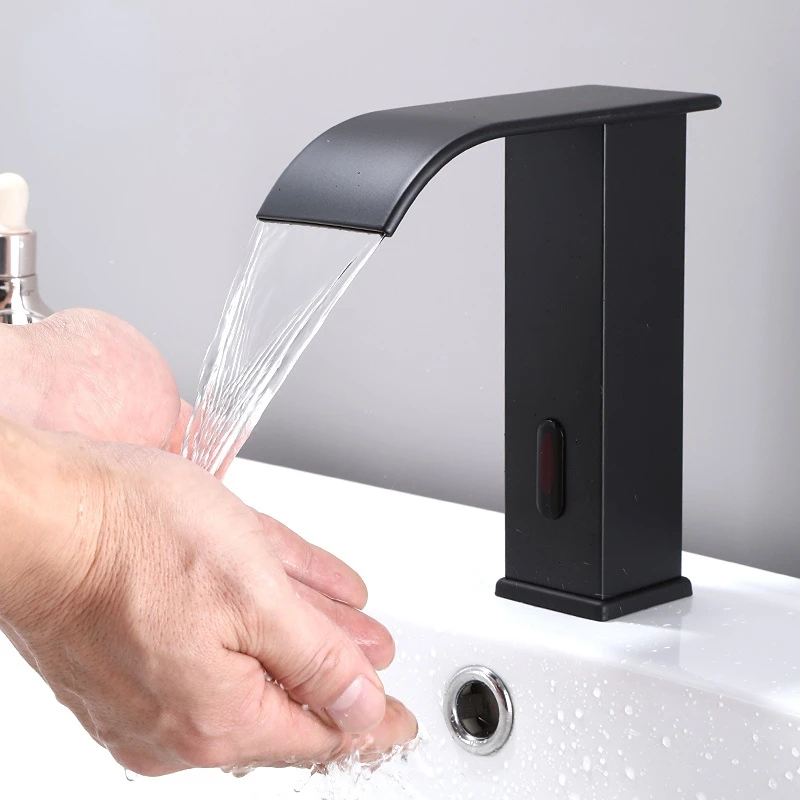 

Black Smart Automatic Sensor Waterfall Basin Faucet Battery Power Hot&Cold Water Mixer Crane Bathroom Tap