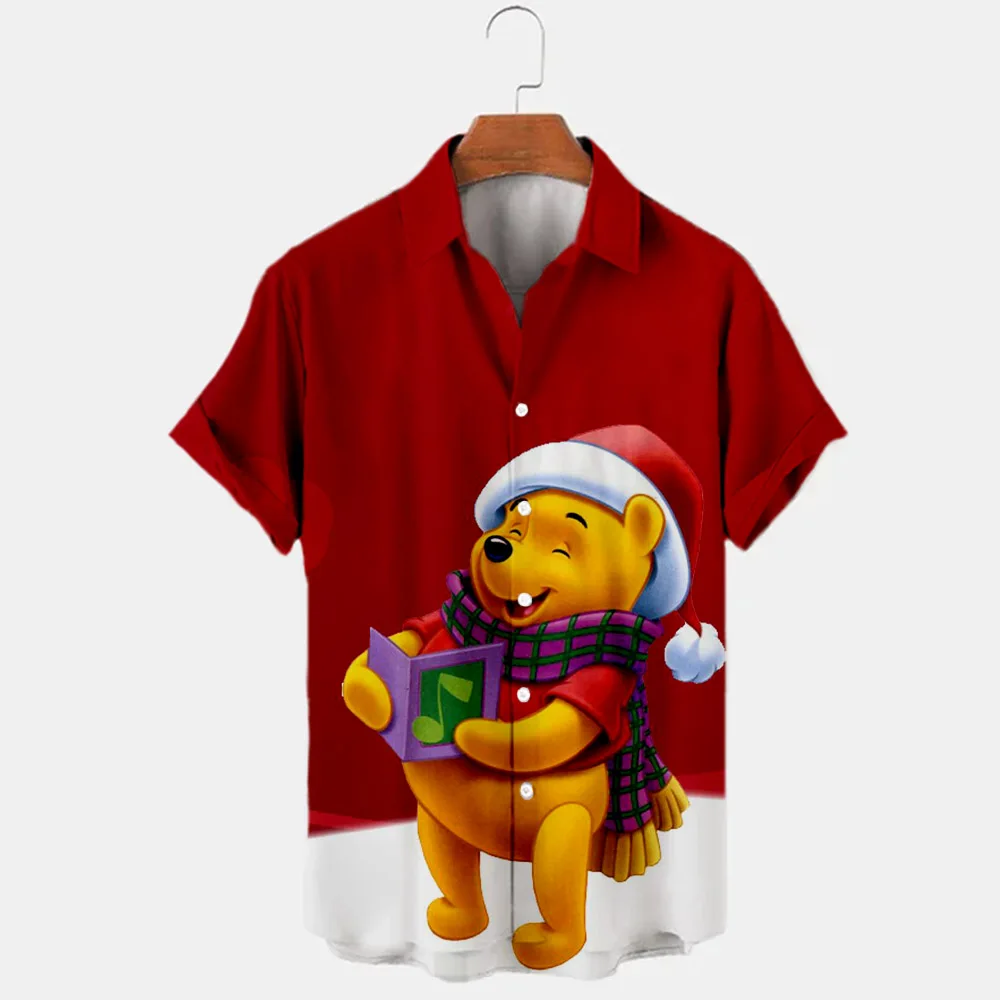 2022 New Christmas Collection Disney Brand Mickey and Winnie the Pooh Anime 3D Printed Men's Lapel Short Sleeve Shirt Slim Top