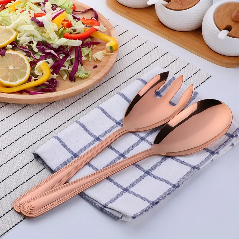 Big Salad Spoon Fork Set Stainless Steel Kitchen Food Server Pasta Utensils Public Gold Tableware Buffet Restaurant Tools tableware set stainless steel kitchen utensils