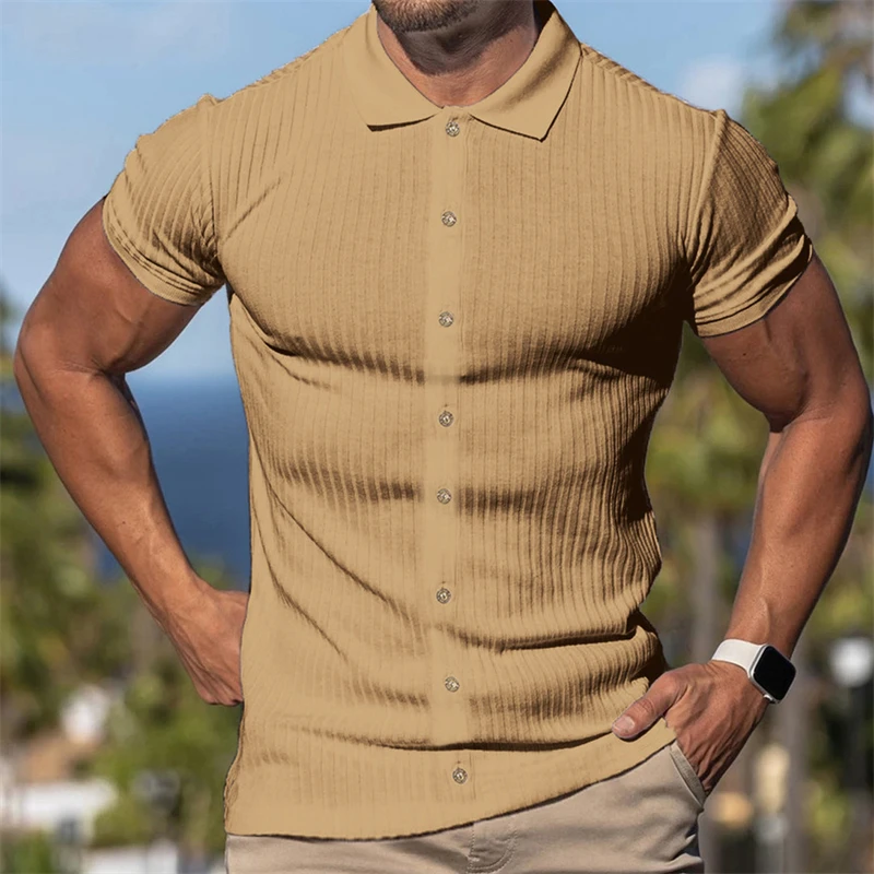 Street clothing, outdoor solid color casual men's shirt, lapel vertical pattern elastic shirt, jogger sports and fitness shirt