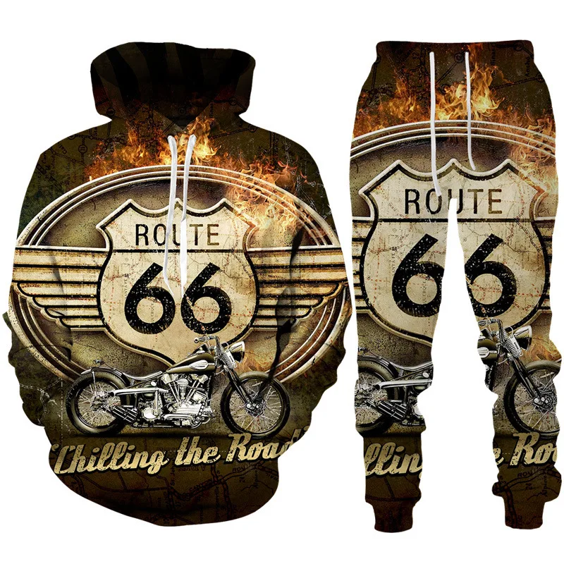 

Осенне-зимний классный спортивный костюм ROUTR US 66 с 3D рисунком, Мужская Уличная толстовка, штаны, спортивный комплект, уличный ретро костюм унисекс, одежда