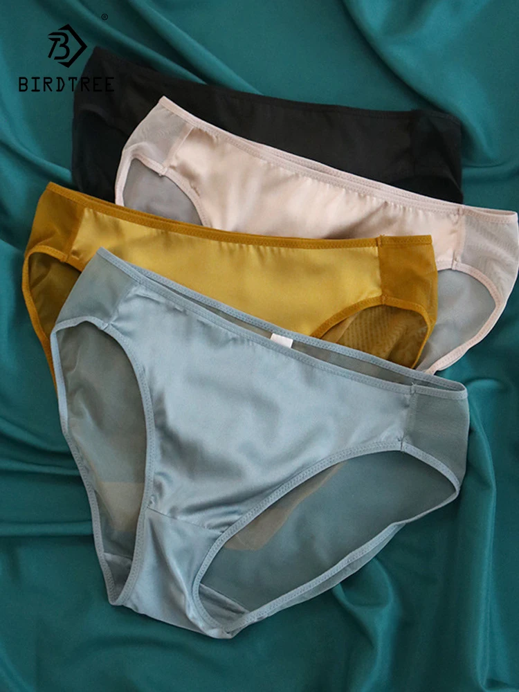 

Birdtree 4pcs/lot 100% Natural Silk Lining Women Panties Sexy Transparent Back Mid-Rise Briefs Underwear Lingerie P36001QC