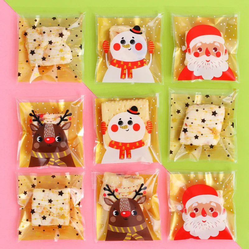 100PCS Plastic Christmas Candy Bags Cute Santa/Snowman/Deer Cookie Bag For Navidad DIY Biscuits Cookie Baking Packaging Supplies