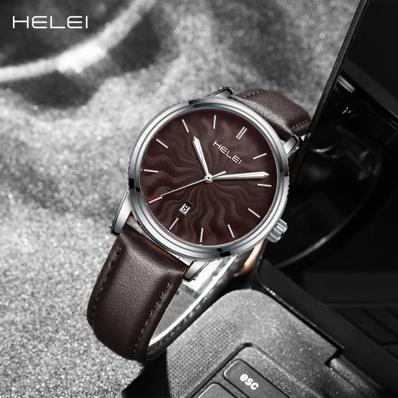 HELEI men's watches bar dial fashion quartz watches calendar display leather men's watches waterproof luminous watches