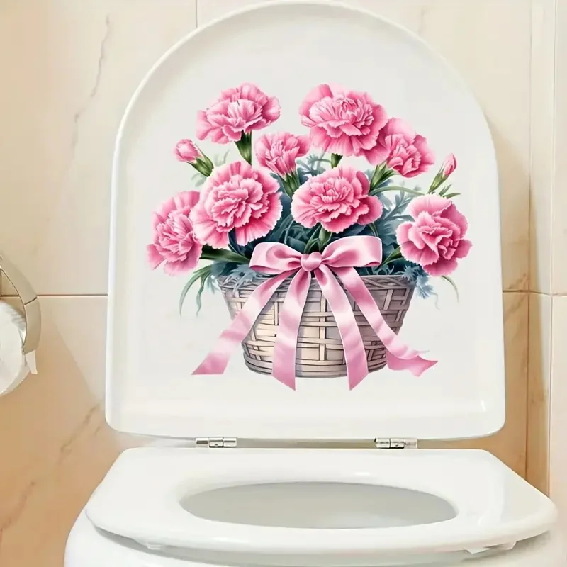 Vinyl Stickers Toilet Stickers Toilet Wall Stickers Pink Flower Basket Toilet Stickers Decoration Living Room Bedroom Home Decor Flowers Wall Decals Self-Adhesive