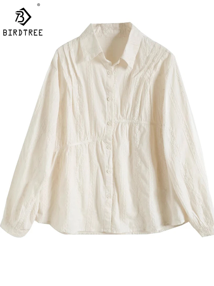 

2023 Fall New Cotton Shirt Solid Color Simple Three-dimensional Embroidery Panel Design Lapel Long Sleeve Blouse Woman T39442QD