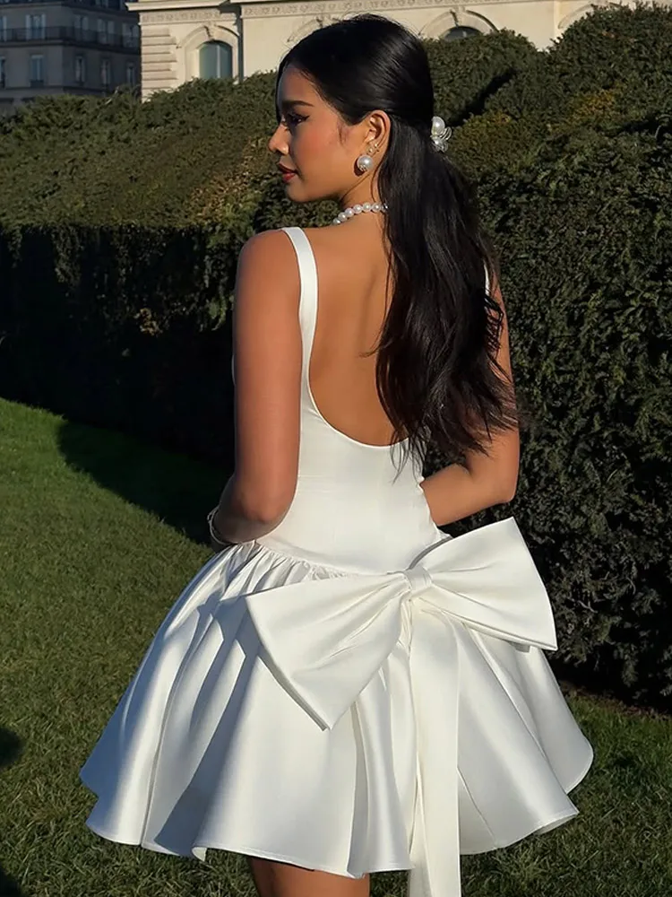 Elegant Female White Sleeveless Sling Mini Skirt Sexy Slim Pleated Chic Bow Backless Short Dress 2025 Women New Evening Robes 2