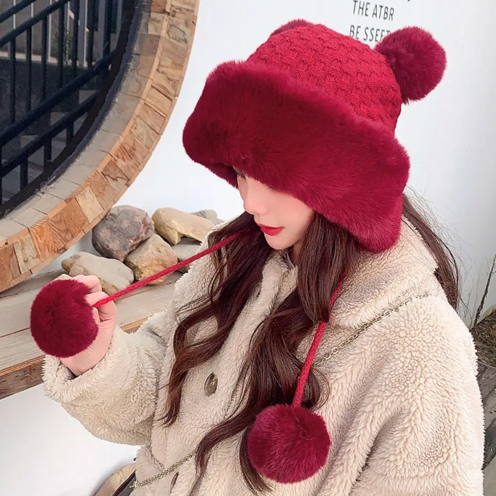 

Winter Warm Faux Fur Beanies Hat Cold Protection Thicken Cold-proof Furry Caps Pom Pom Ball Hats Women Accessories