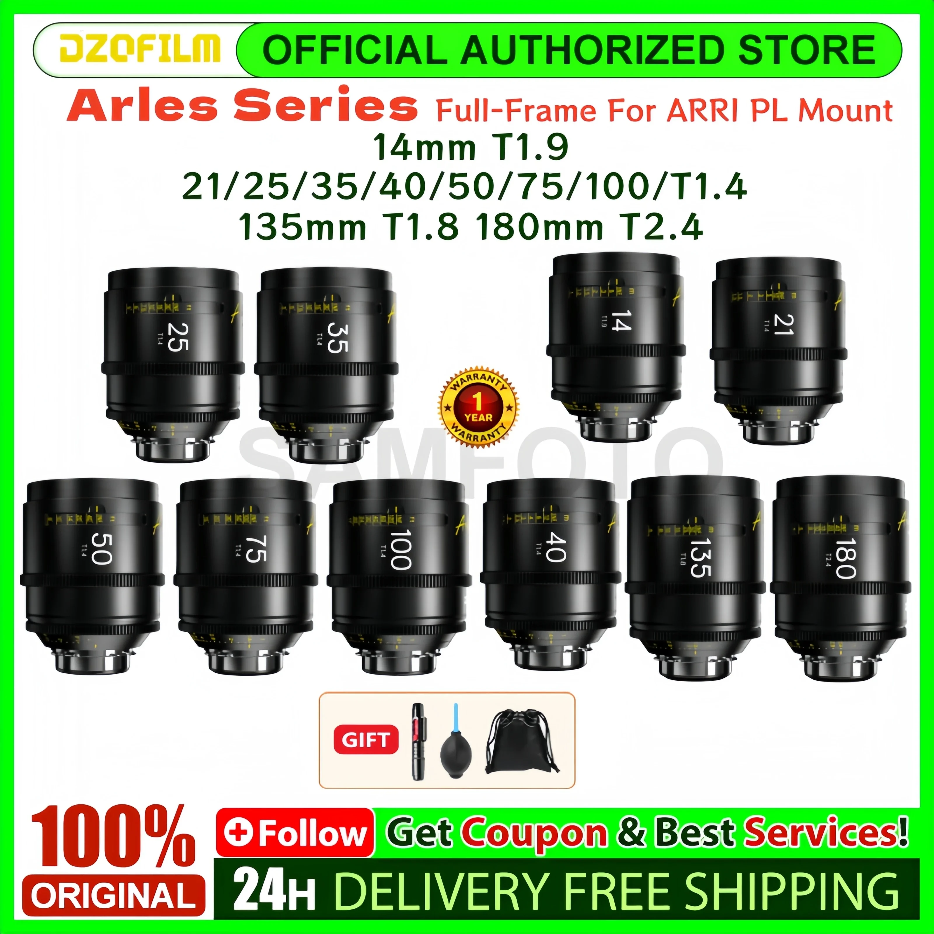 DZOFilm Arles 14mm T1.9 21mm 25mm 35mm 40mm 50mm 75mm 100mm T1.4 135mm T1.8 180mm T2.4 FF/VV 프라임 시네 렌즈 (ARRI PL 마운트용