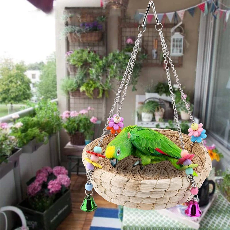 Bird Parrot Toy Parrot Nest Natural Handmade Woven Grass Bed Swing With 4 Metal Bells Bird Toy Swing