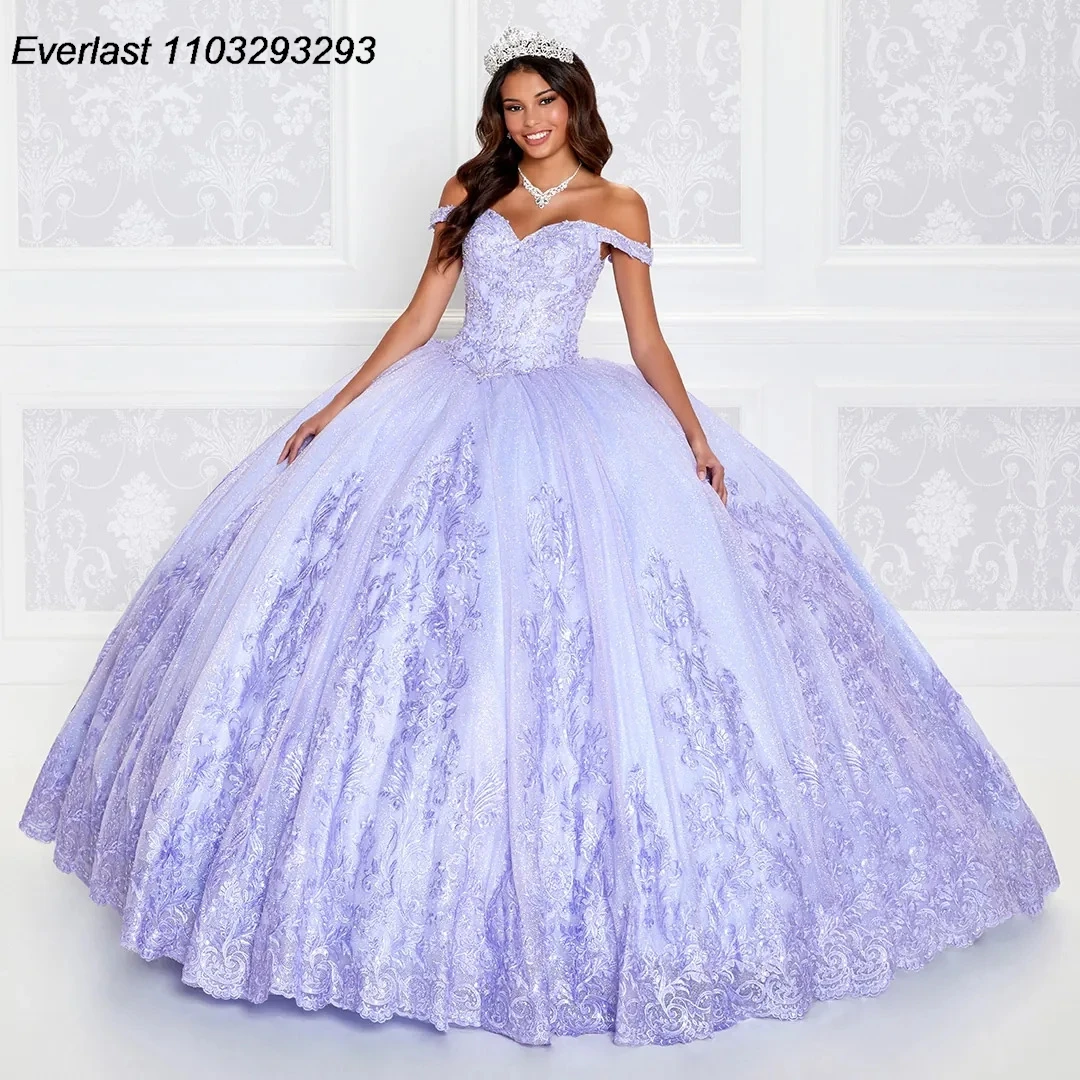 EVLAST Blue Quinceanera Dress Ball Gown Lace Applique Beaded Crystal Off Shoulder Sweet 16 Vestido 15 De A&ntilde;os TQD249