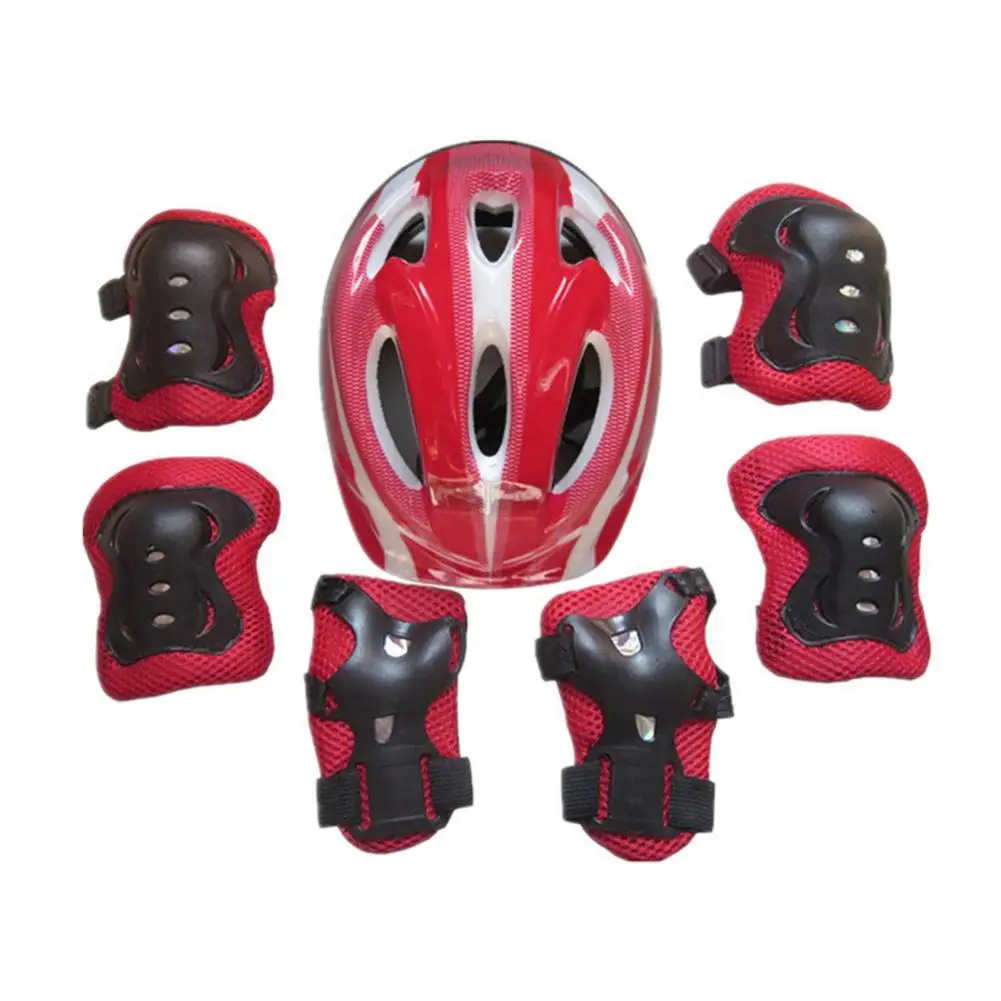 

7Pcs/ Set Kids Safety Knee Pad Wear Resistant Sweat Absorption Accessory Cycling Helmet Knee Elbow Pad Set for Riding Skatings
