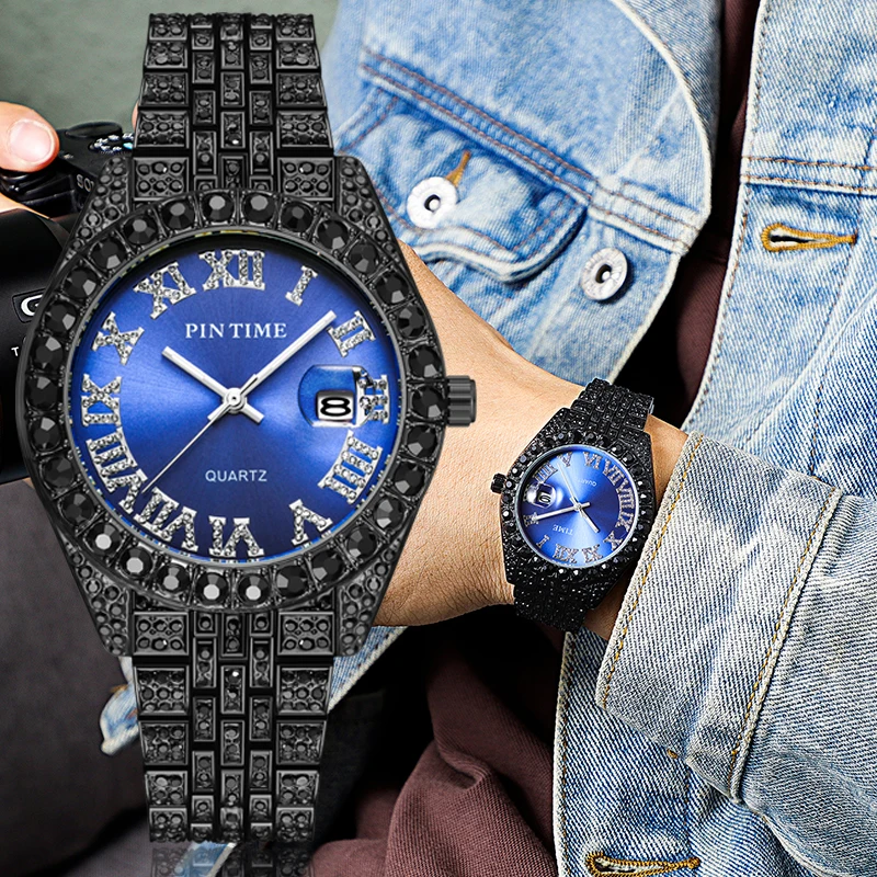 Topmærke PINTIME Starry Sky Star Dust Diamond Watch Quartz Gold Hip Hop Bling Iced Out ure Herre_voghion.com