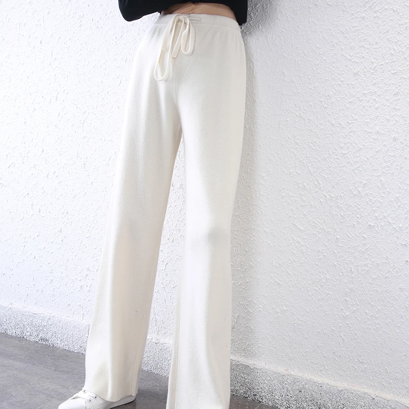 thin high waist trousers elastic casual women's wide leg pants 100% wool knitted mopping pants with elastic waist tie for women