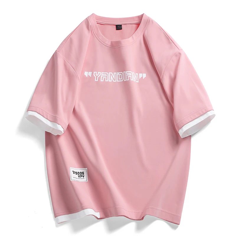 

Short-sleeved T-shirt Men Stitching Pullover Tops Male Simple Letters Embroidered Fashion Handsome Big Yards Sports Half-sleeves
