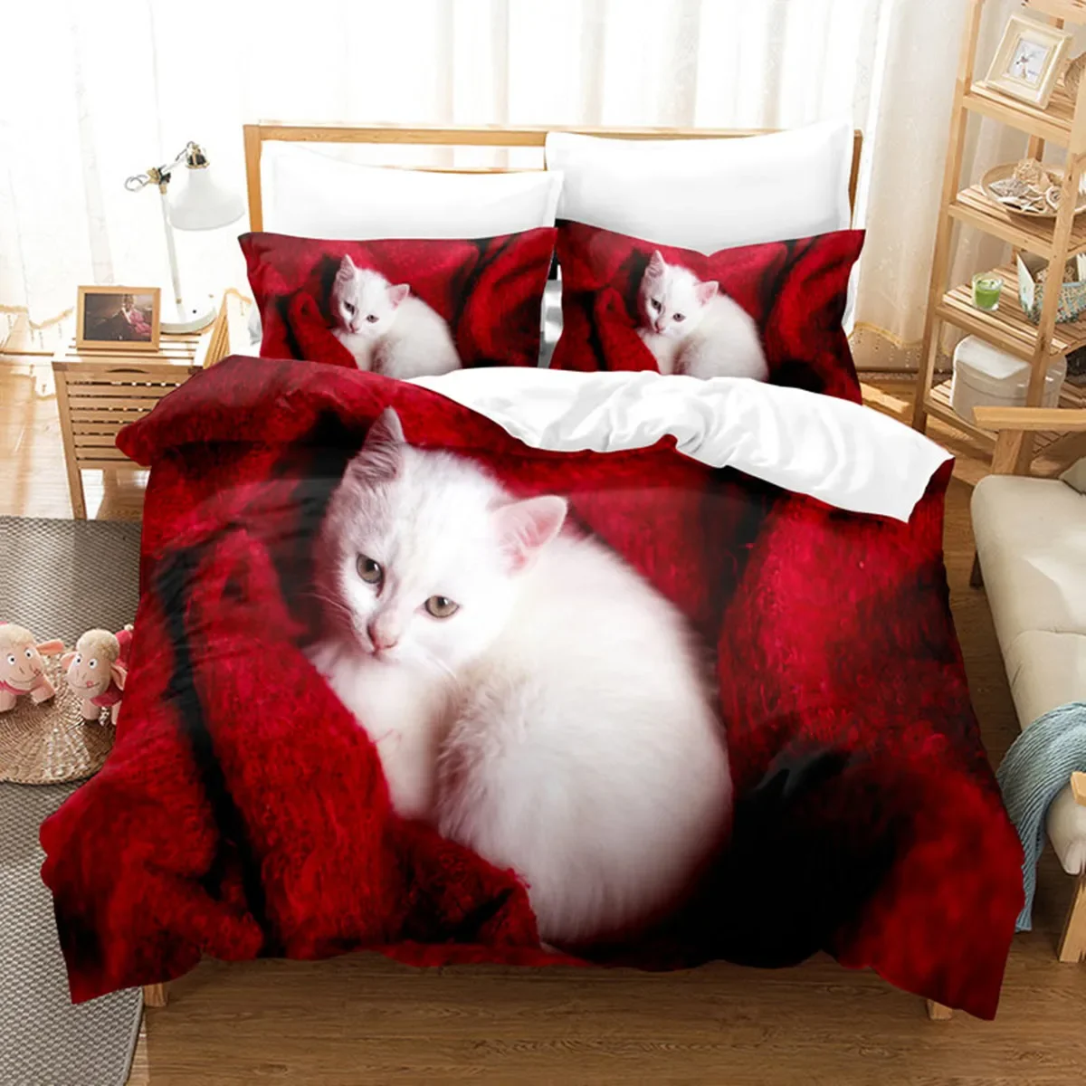 3D Cat Cute Kitten Pattern Duvet Cover Cat Kids Bedroom Decoration Cat Bedding Set for Women Girls Boys Gifts with Zipper 3pcs