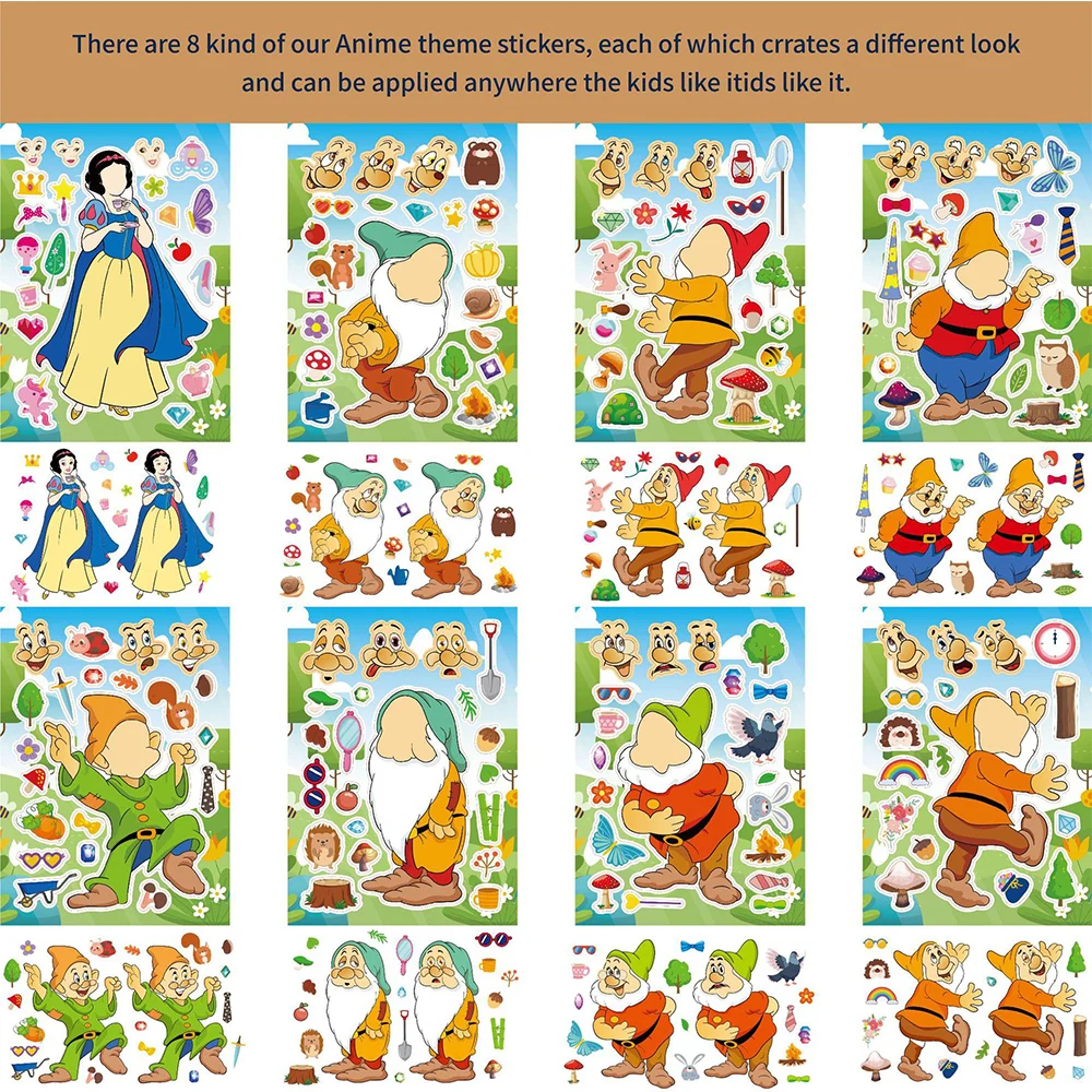 8/16sheets Kawaii Snow White And The Seven Dwarfs Puzzle Stickers Disney Cartoon Sticker Scrapbooking Laptop Bike Decal Toy Gift foreign language book белоснежка и семь гномов snow white and the seven dwarfs