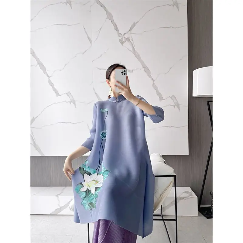 

Женское плиссированное платье с воротником-стойкой, Элегантное повседневное свободное облегающее платье-трапеция с принтом, женские топы, весна-лето 2023