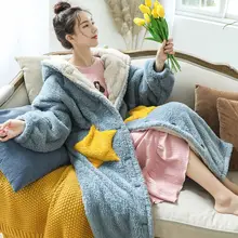 

QWEEK Women Fleece Hooded Bathrobe Princess Robe Nightwear Winter Female Warm Thick Coral Velvet Home Wear Nightgown Sleepwear