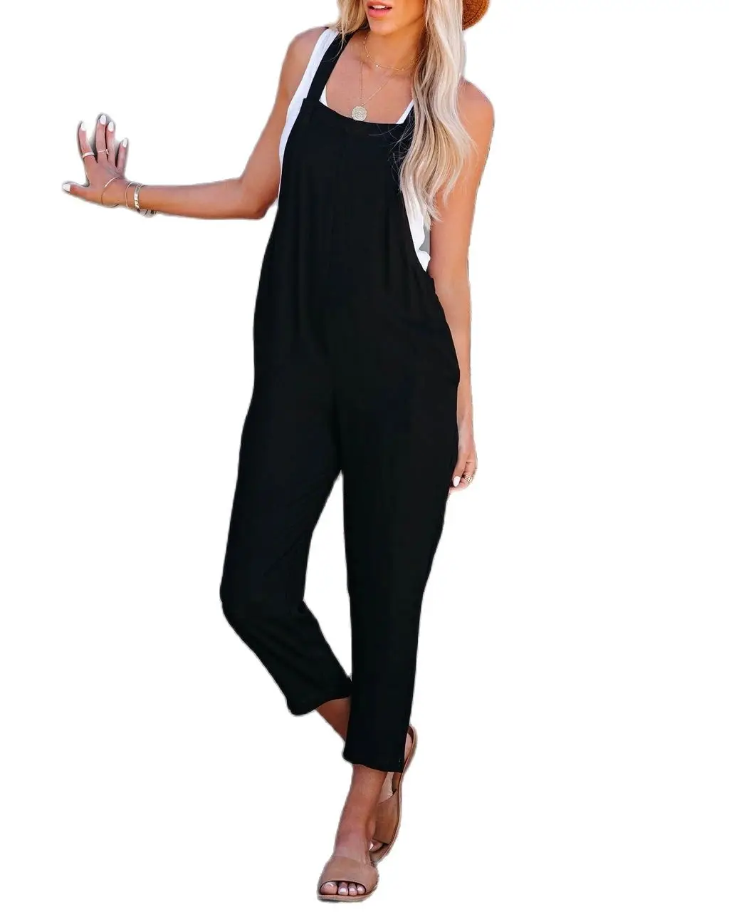 

Womens Fashion Sleeveless Black Overalls Baggy Capri Jumpsuits with Pockets
