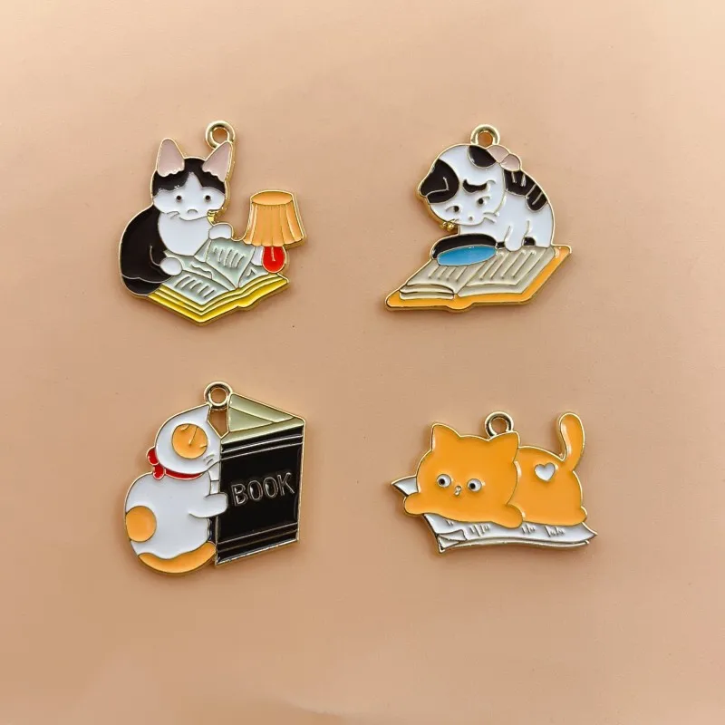 

10pcs Book Cat Charm for Jewelry Making Enamel Necklace Pendant Diy Supplies Bracelet Phone Craft Accessories Gold Plated