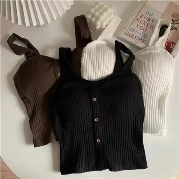 Women's Y2K Cropped Tops with Bra Pads Summer Corset Korean Suspenders Vest Sexy Camisole Slim New 1